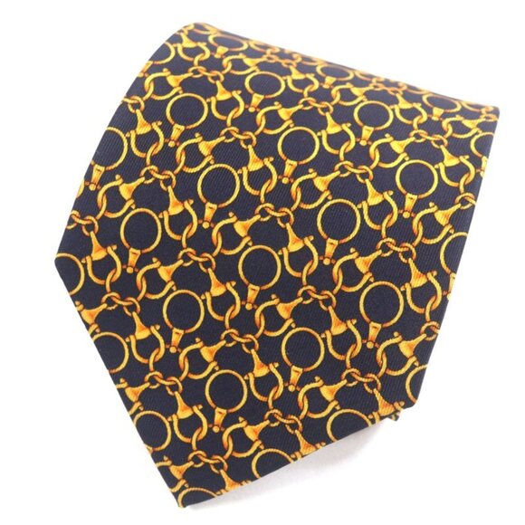 Gucci 100% Silk Cravat Bit Pattern Allover Tie Navy Gold Italymade